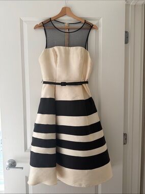 Mac Duggal Cream and Black Striped Midi Dress